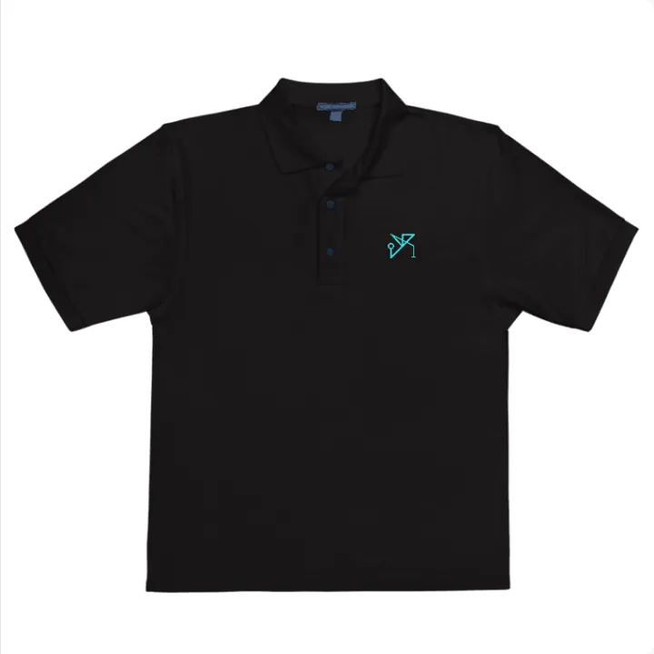 Black polo with cyan embroidered sigil